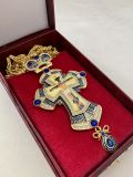 Крест иерейский с покрытием под золото с синими камнями
